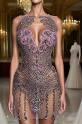 Sequined Mermaid Jewel Jersey Beading Sleeveless Mini Rhinestone Party Dresses